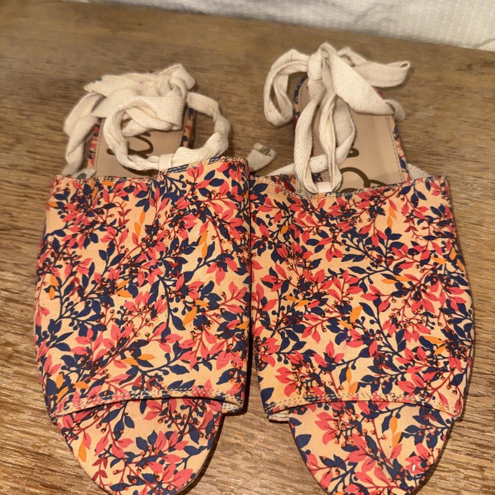 Sam Edelman TAI Coral Fabric Ankle Tie Wrap Slid Sandals Shoes Women's Size 7.5